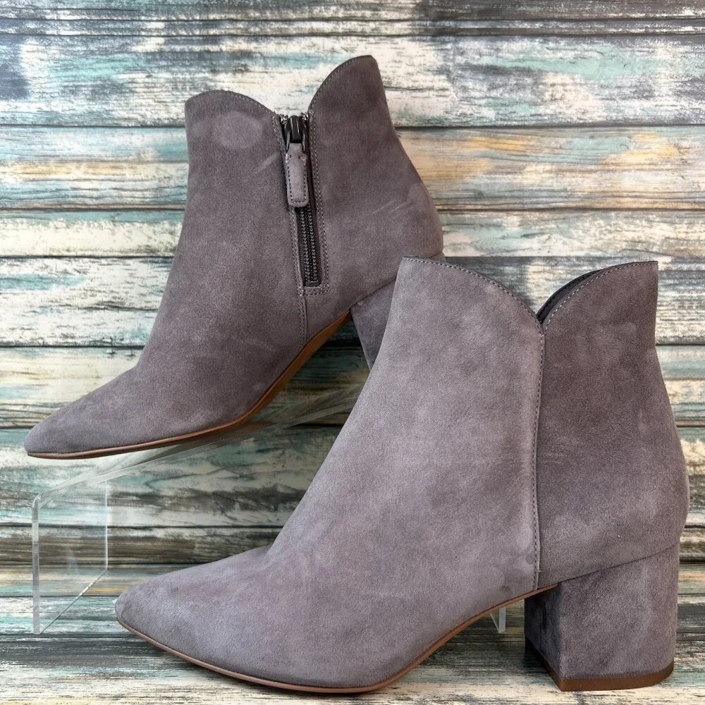 Cole Haan Ankle Boots Womens 7B Gray Suede Pointed Toe Block Heel Zip Up
